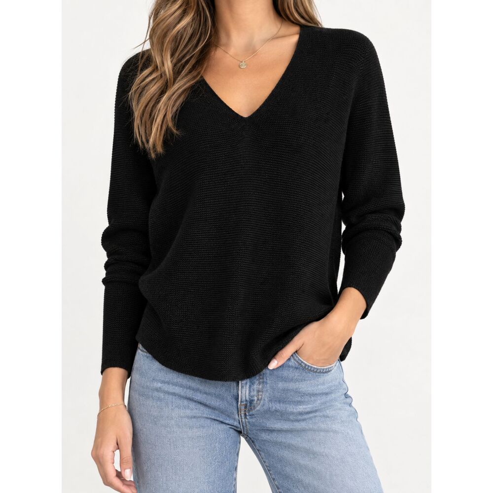 UNIQLO Womens S Black 3D Knit 100% Cotton V Neck Seamless Pullover Sweater